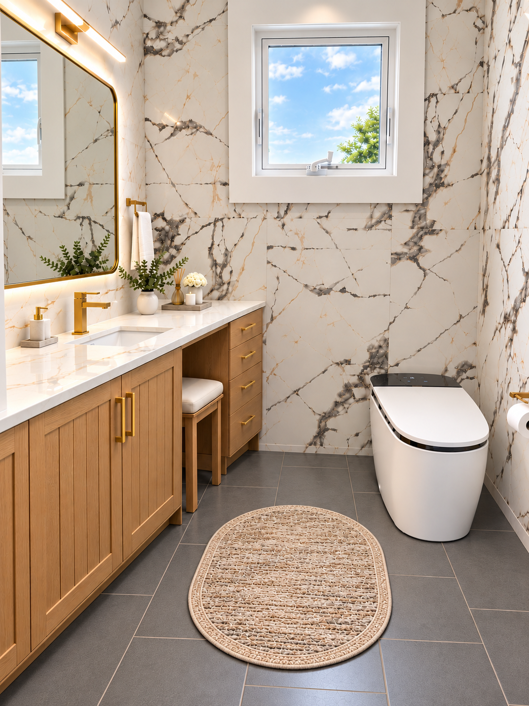 Bathroom with an oak vanity and makeup seat, brass fixtures, veined stone walls, and a woven rug