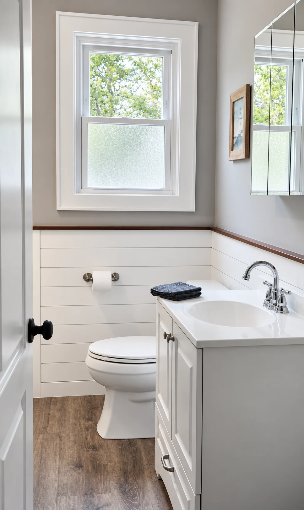 Custom bathroom with carefully finished vanity and stone details