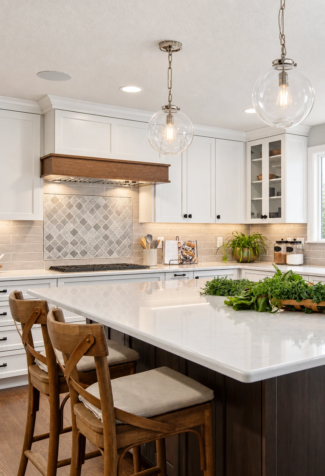 Warm white kitchen with a natural wood range hood, glass pendant lights, and a stone island