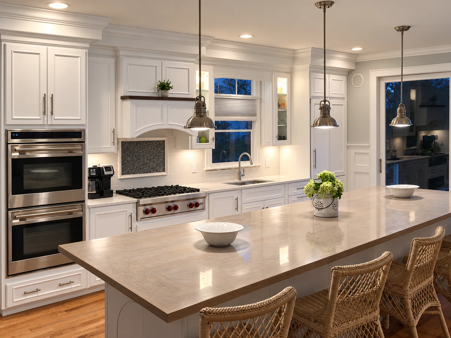 White kitchen with a long stone island and metal pendant lights