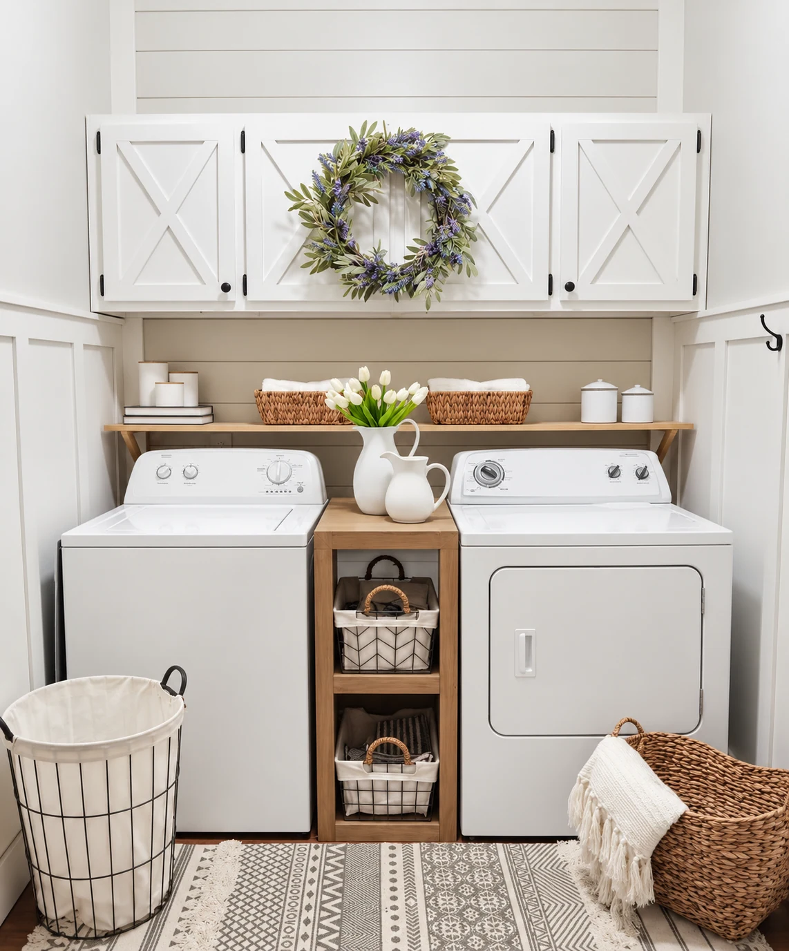 White custom laundry cabinetry with X-panel upper doors