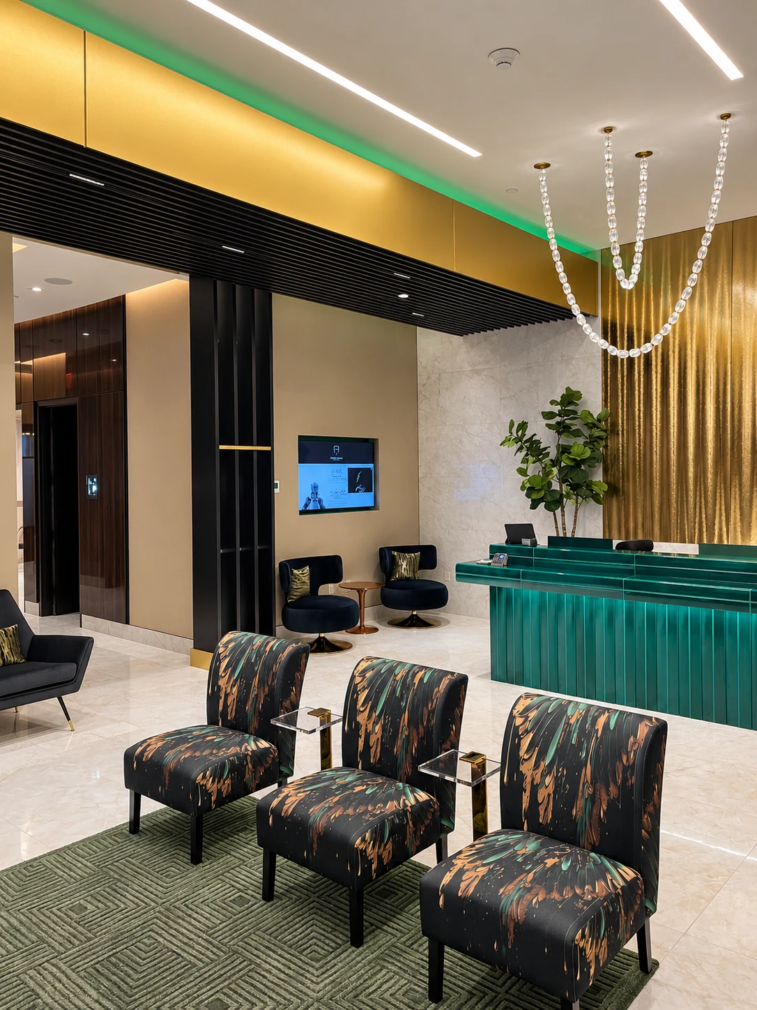 Professional office reception with emerald and brass details