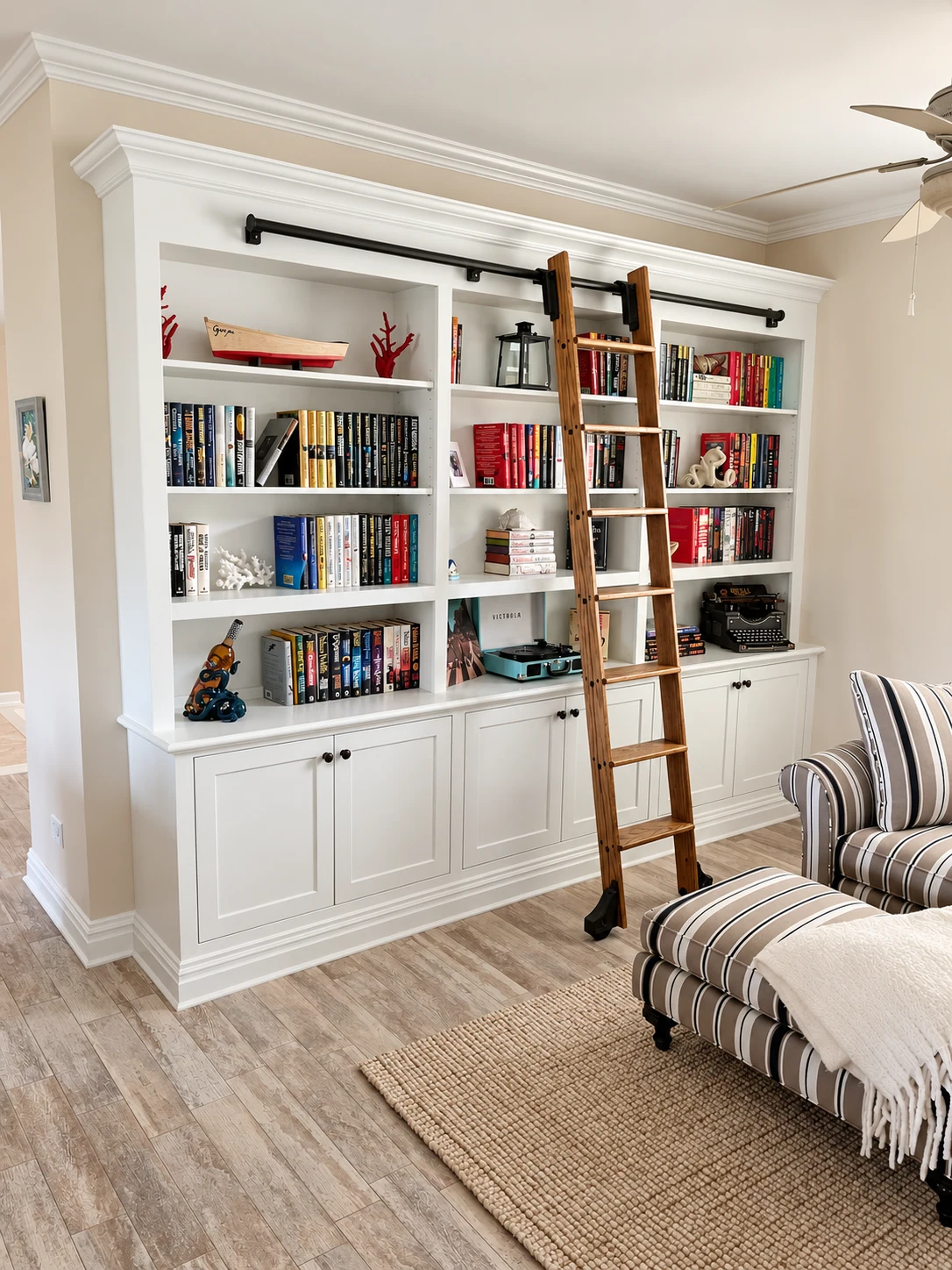 Custom library shelving with a rolling ladder